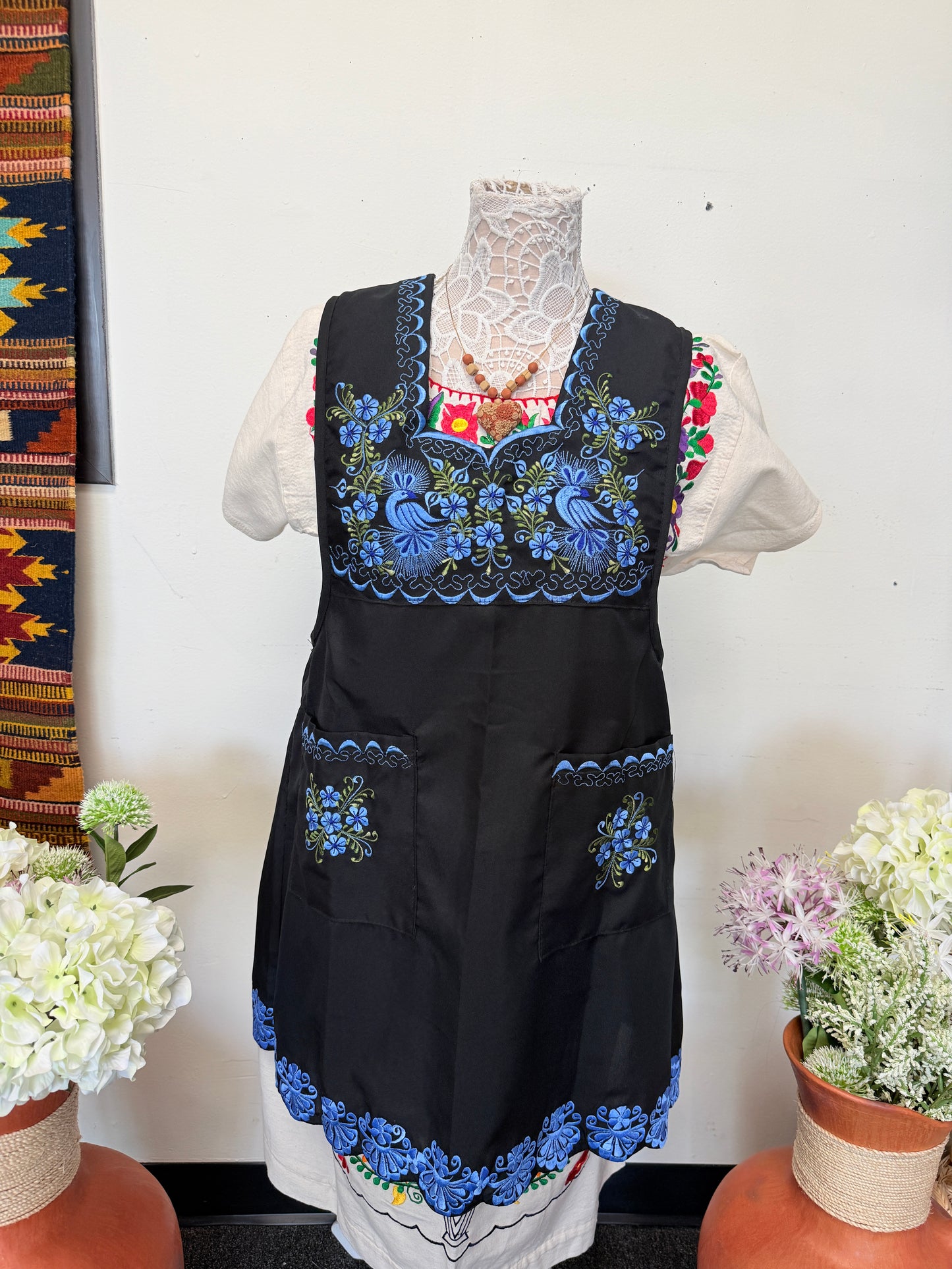 "Camila" Blue Floral Apron/Mandil (36) Medium