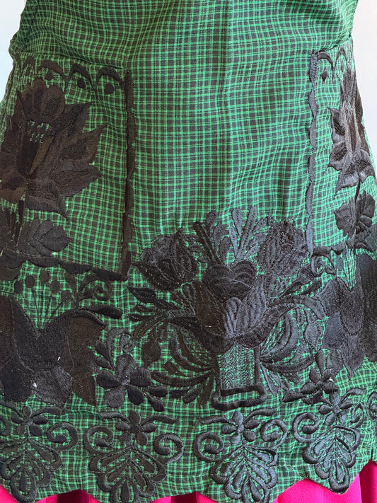 "Sonia" Green Embroidered Apron (34) Small