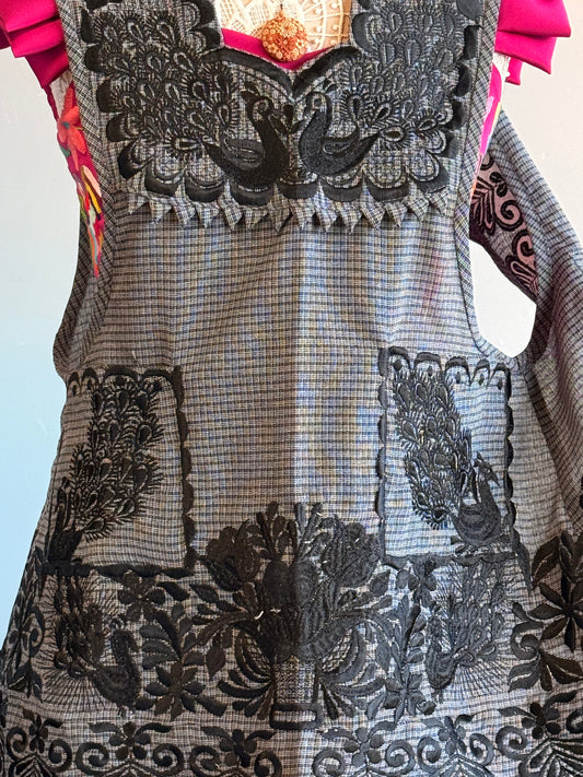 "Olga" Black Embroidered Apron (34) Small