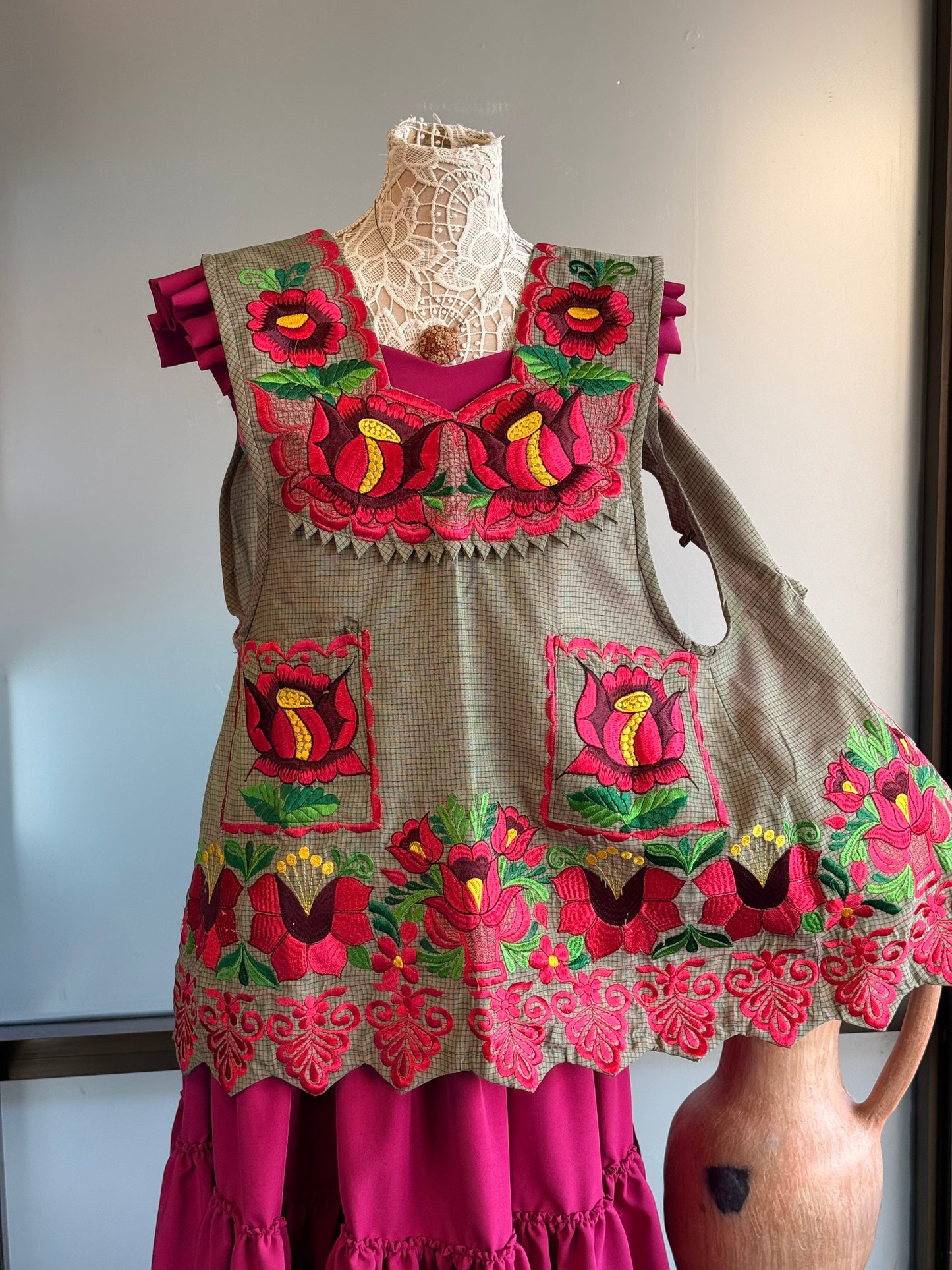 "Maria" Beige and pink Embroidered Apron (36) Medium