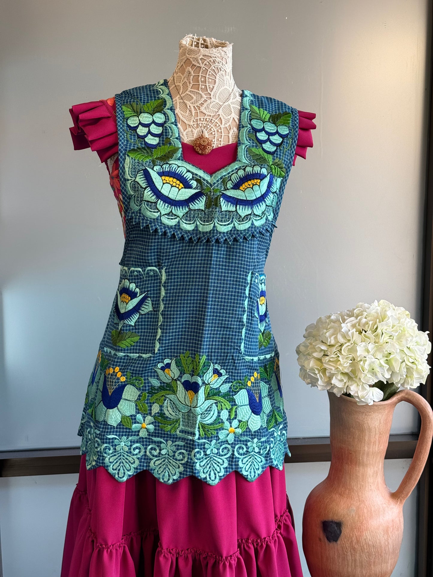 "Fernanda" Turquiose Embroidered Apron (36) Medium