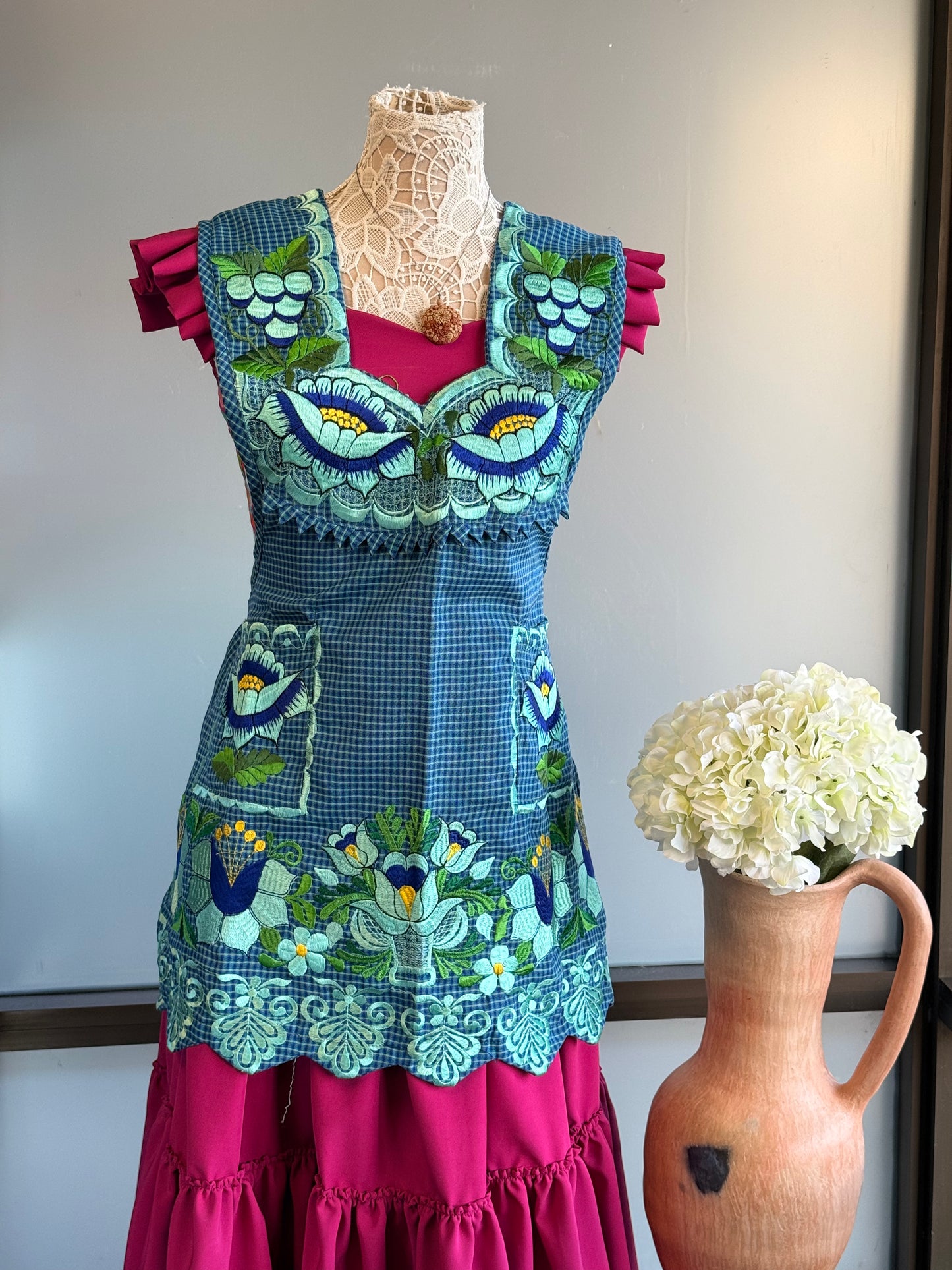 "Lucia" Turquoise Embroidered Apron (38) Large