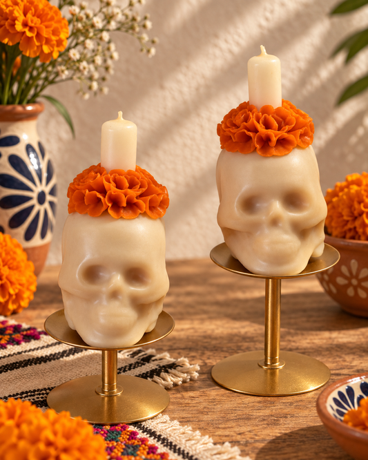 White/Orange floral Calavera 6" Candle