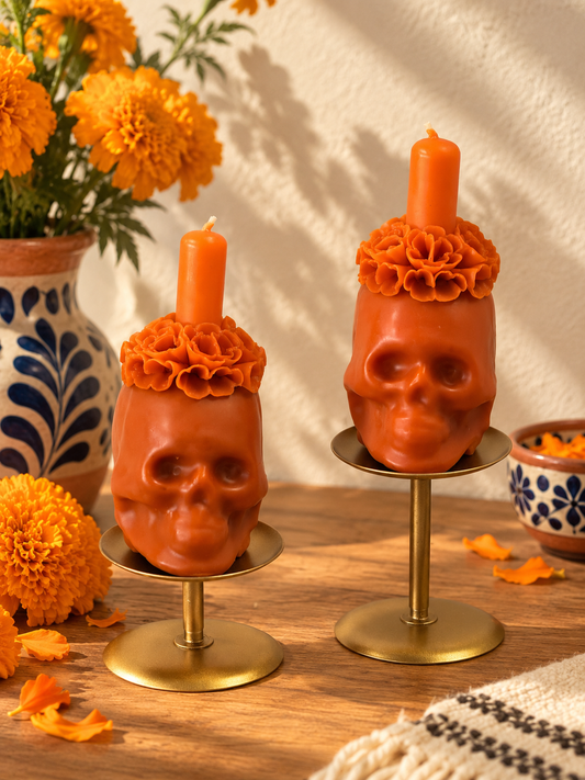 Orange Calavera Floral 6"  Candle