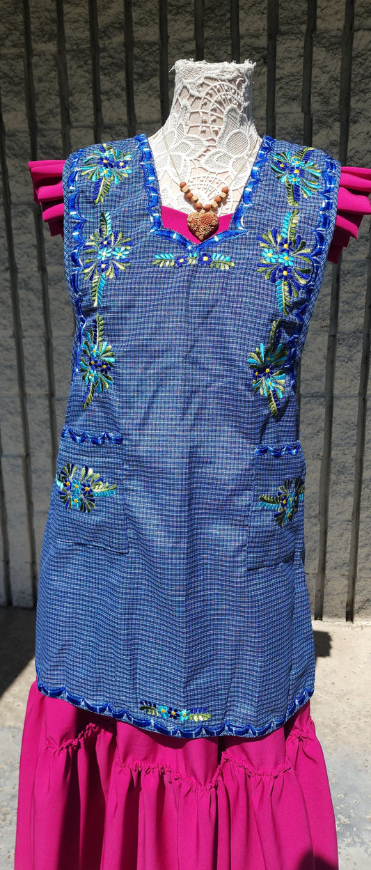 "Raquel" Blue Flora Apron/Mandil L