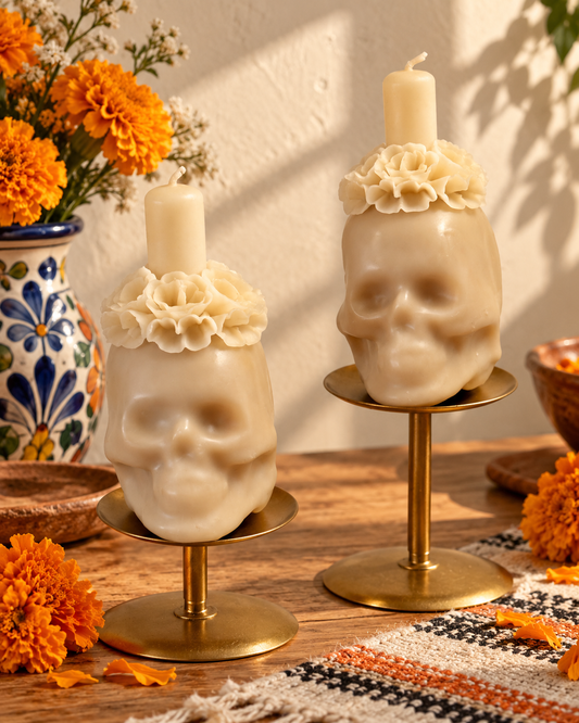 White Calavera Floral 6" Candle
