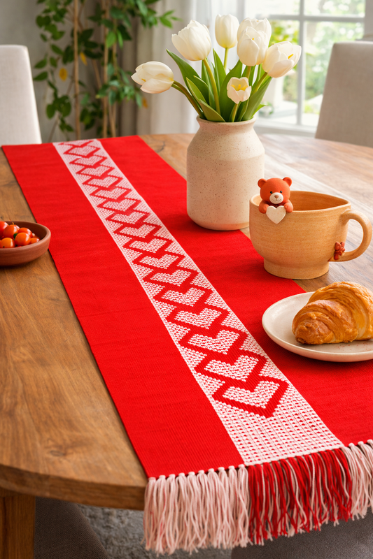 PRE ORDER VALENTINES RED HEARTS TABLE RUNNER