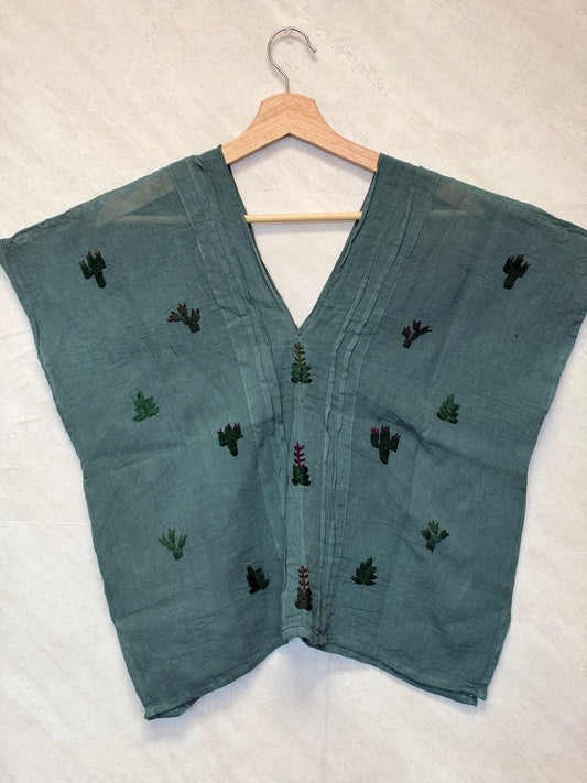 Teal Blouse with Cactus Embroided
