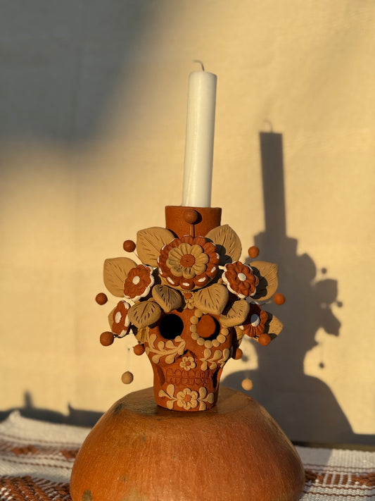 Catrina flores bordada candelabro / Skull/calavera candleholder