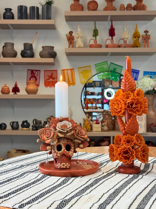 Catrina rosas portavela bordada/ Skull Candleholder