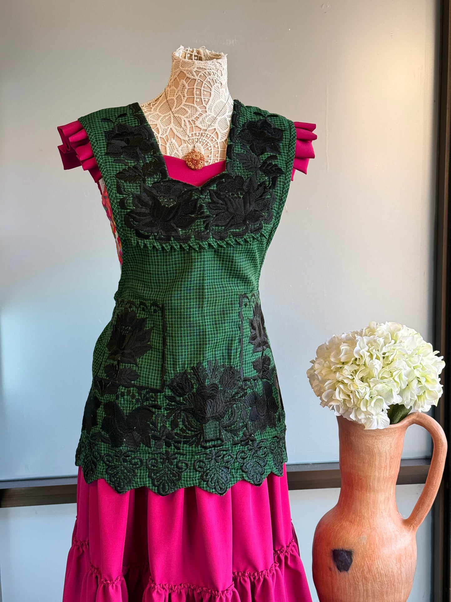 "Sonia" Green Embroidered Apron (34) Small