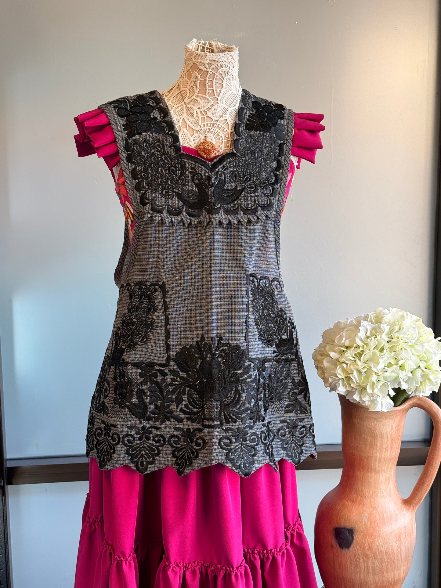 "Olga" Black Embroidered Apron (34) Small