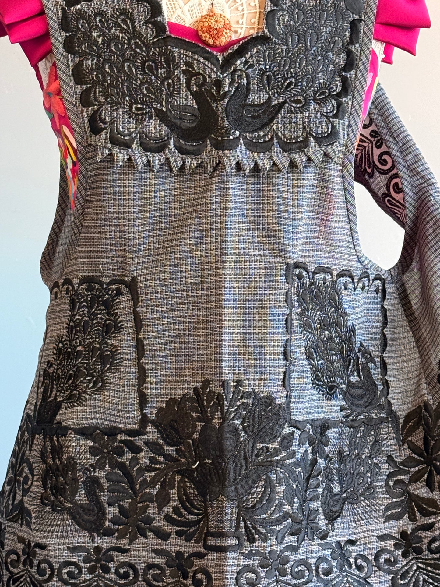 "Olga" Black Embroidered Apron (34) Small