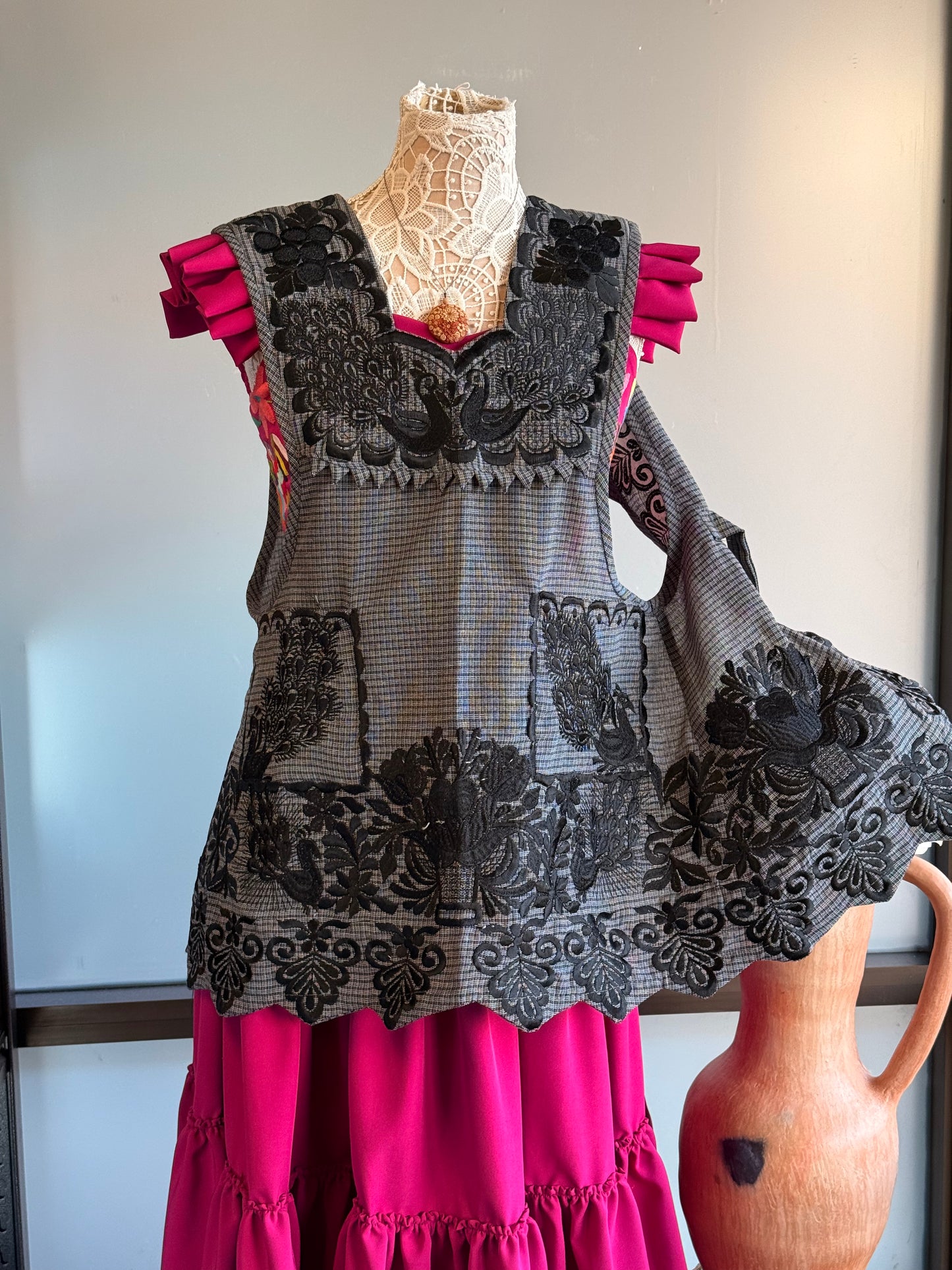 "Olga" Black Embroidered Apron (34) Small
