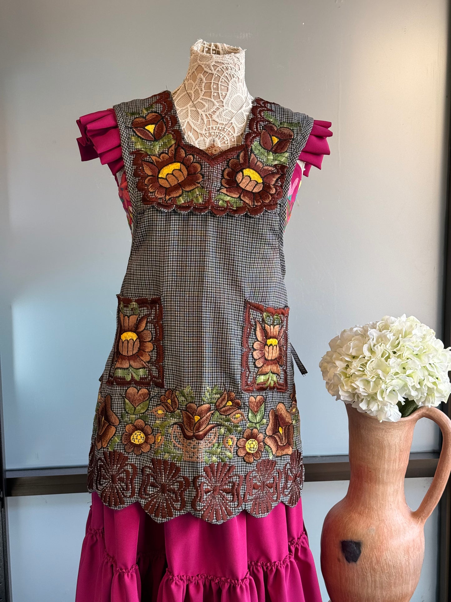 "Amelia" Brown Embroidered Apron (34) Small