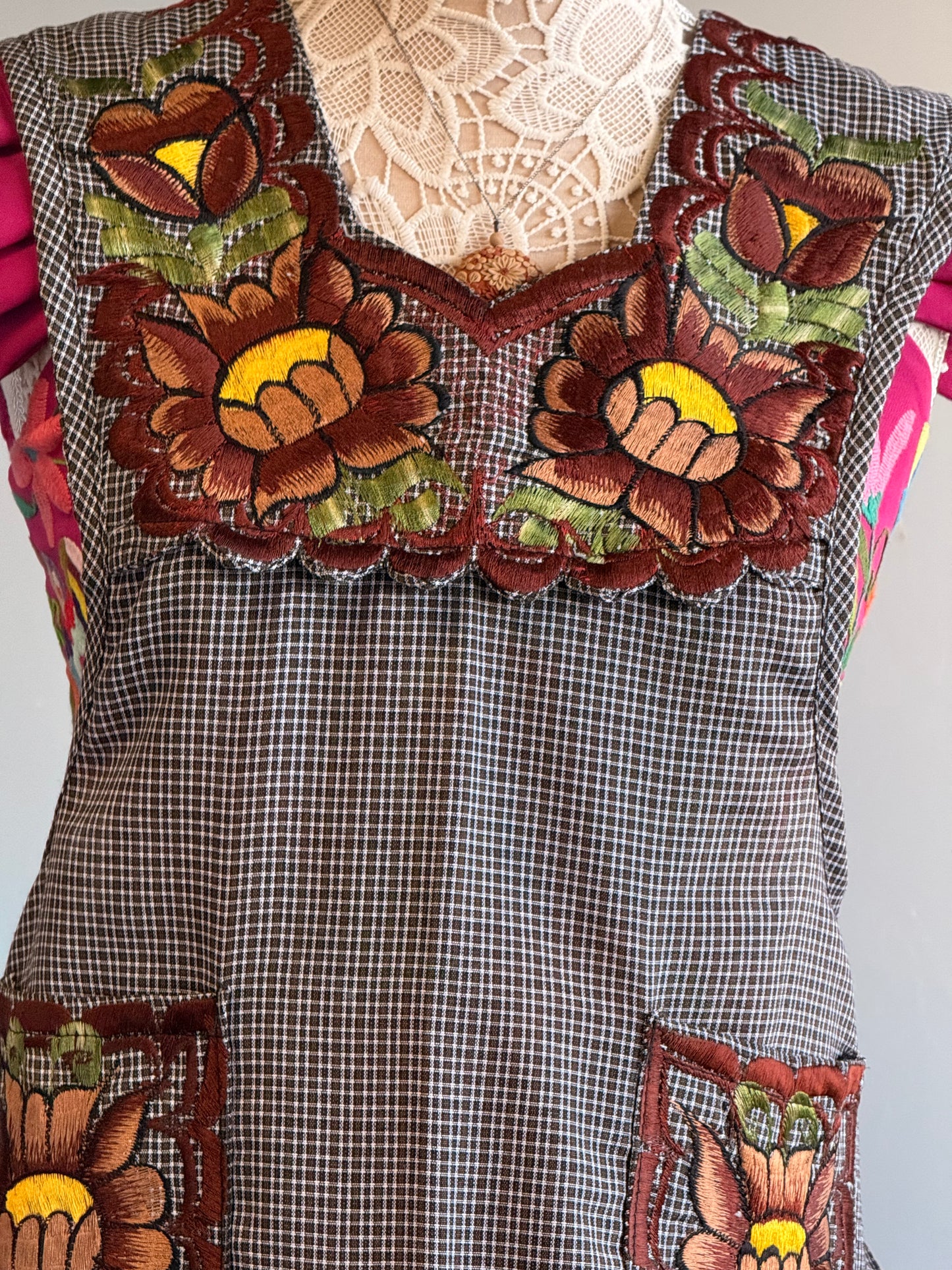 "Amelia" Brown Embroidered Apron (34) Small