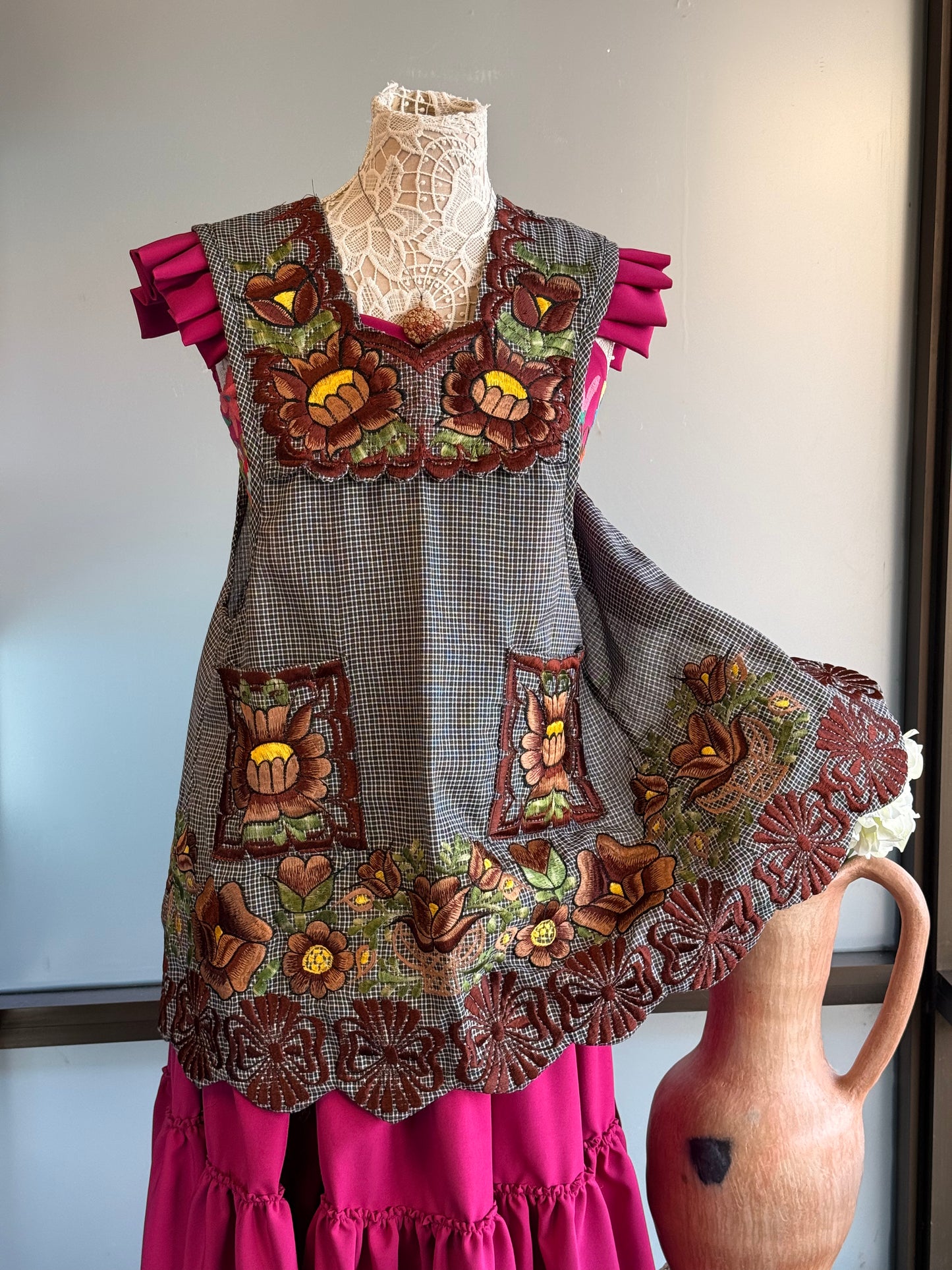 "Amelia" Brown Embroidered Apron (34) Small