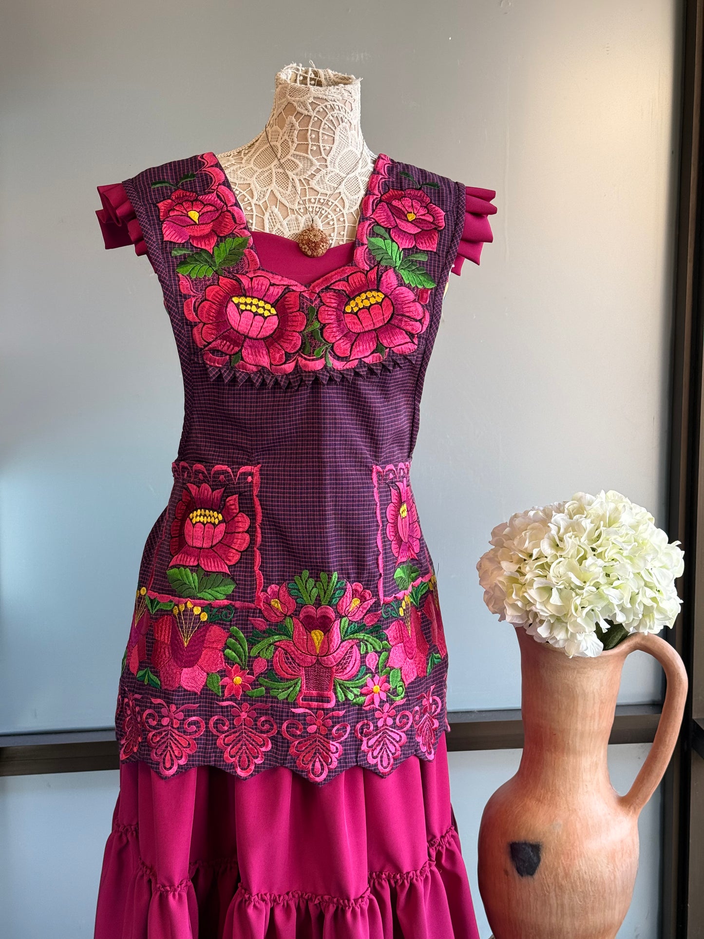 "Catalina" Purple/Pink Embroidered Apron (34) Small