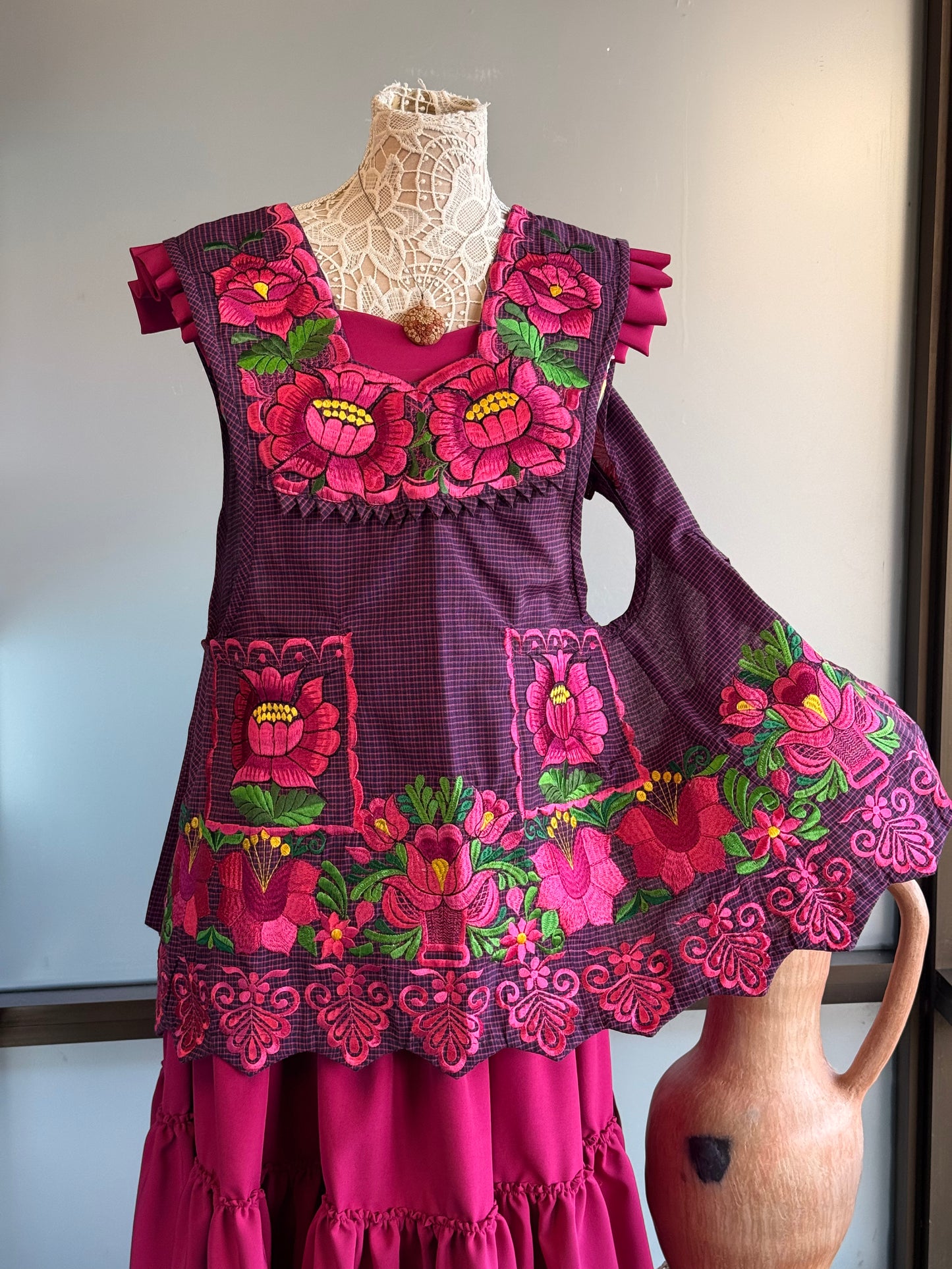 "Catalina" Purple/Pink Embroidered Apron (34) Small