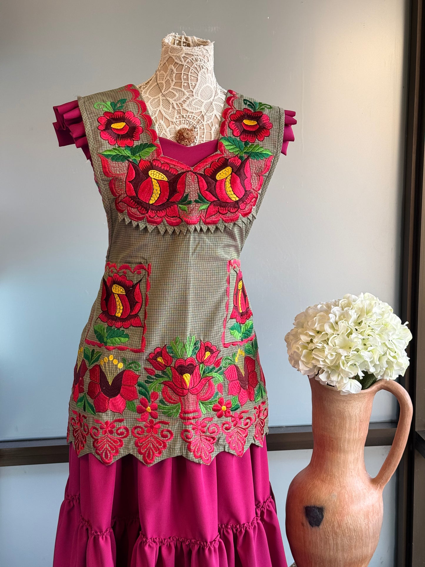 "Maria" Beige and pink Embroidered Apron (36) Medium