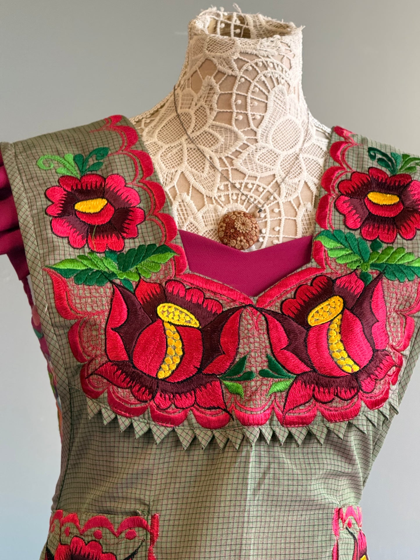 "Maria" Beige and pink Embroidered Apron (36) Medium