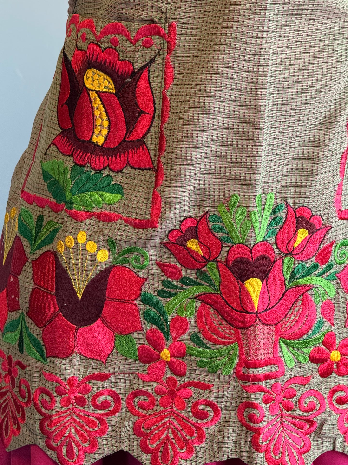 "Maria" Beige and pink Embroidered Apron (36) Medium