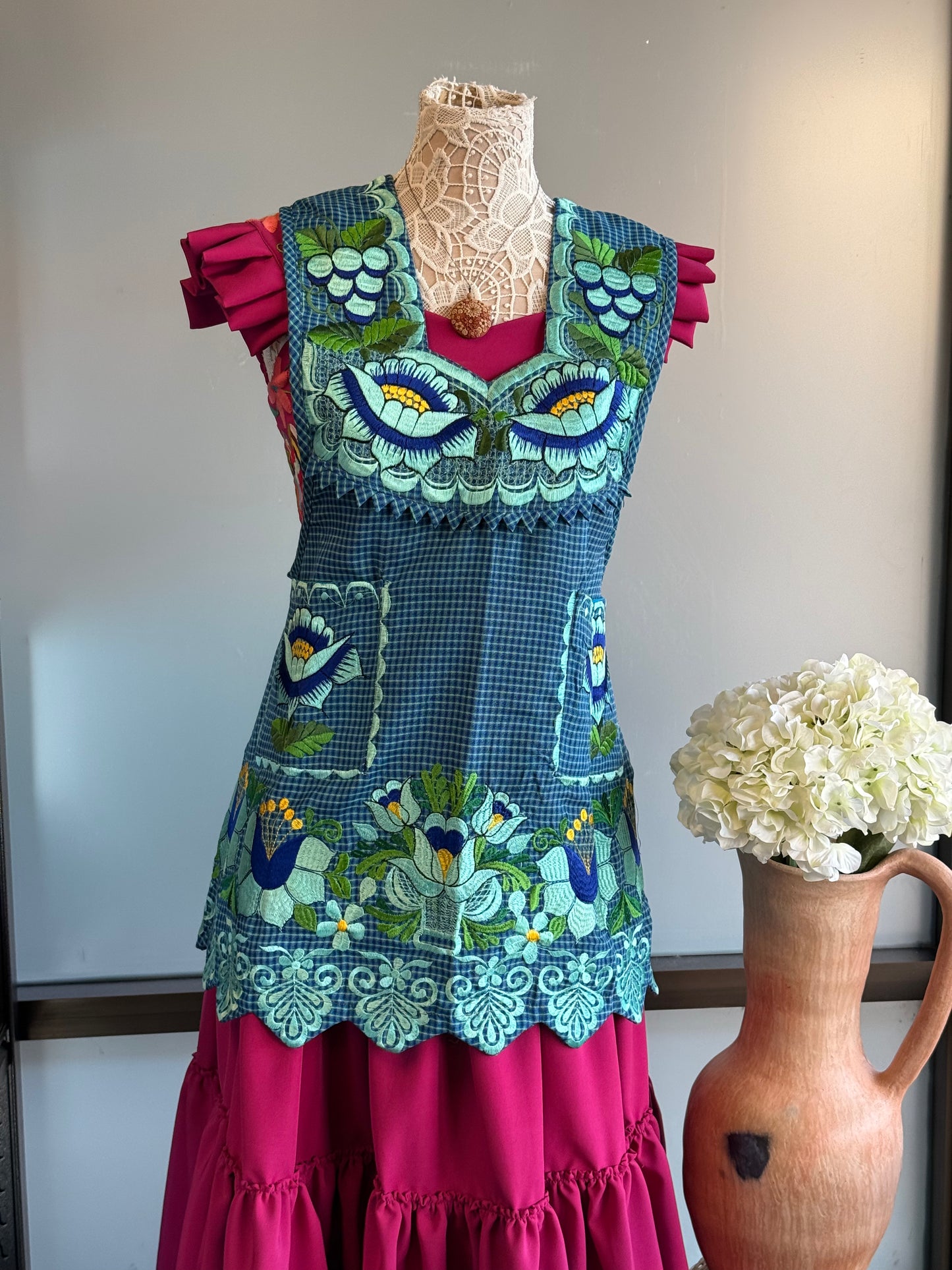"Fernanda" Turquiose Embroidered Apron (36) Medium
