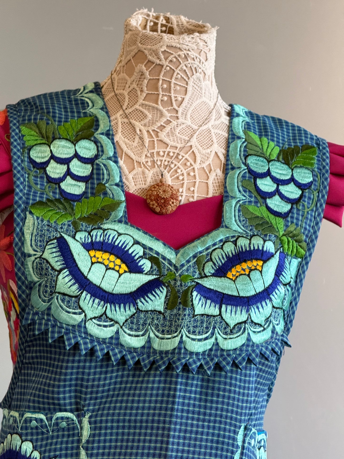"Fernanda" Turquiose Embroidered Apron (36) Medium