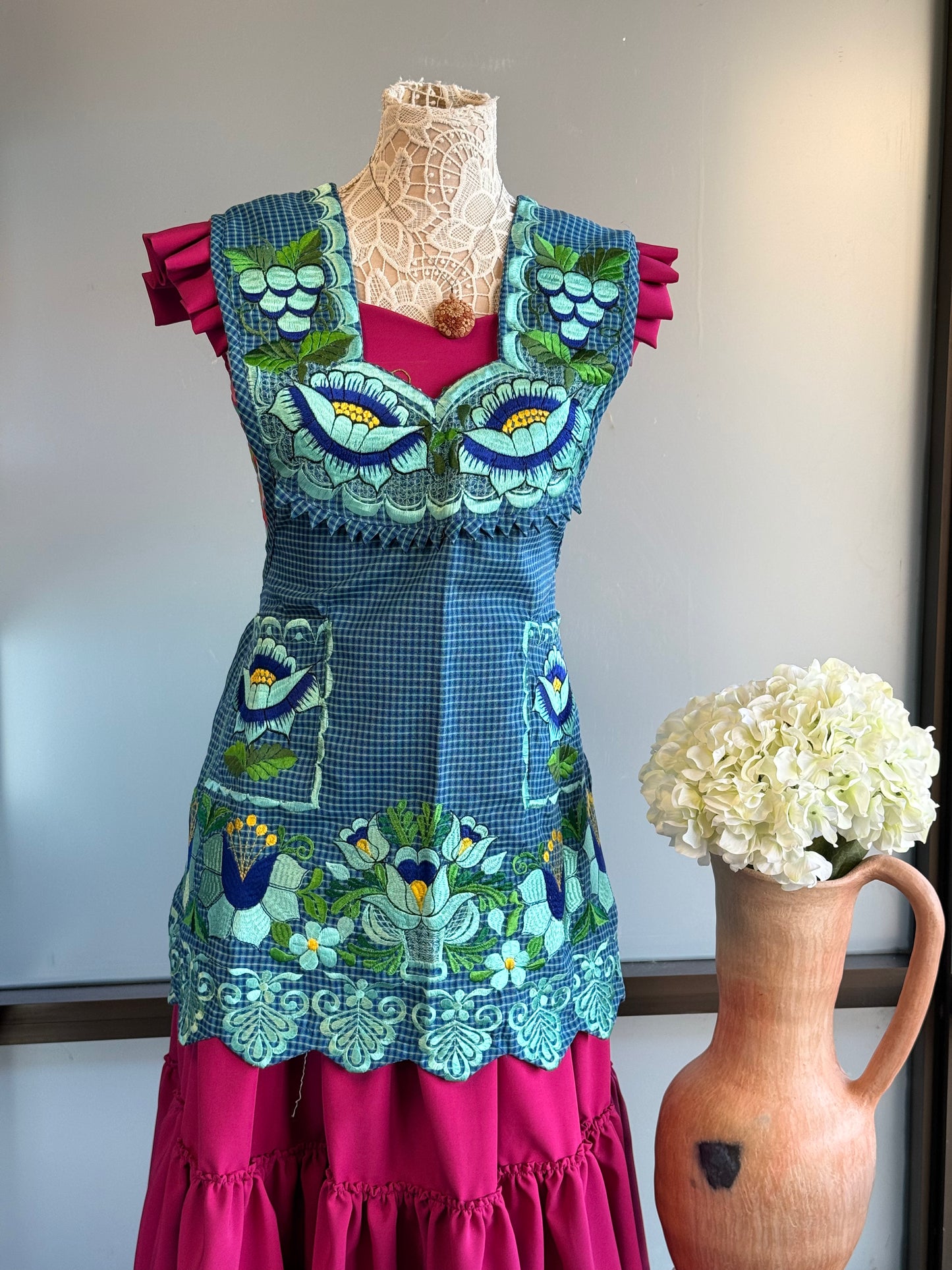"Lucia" Turquoise Embroidered Apron (38) Large