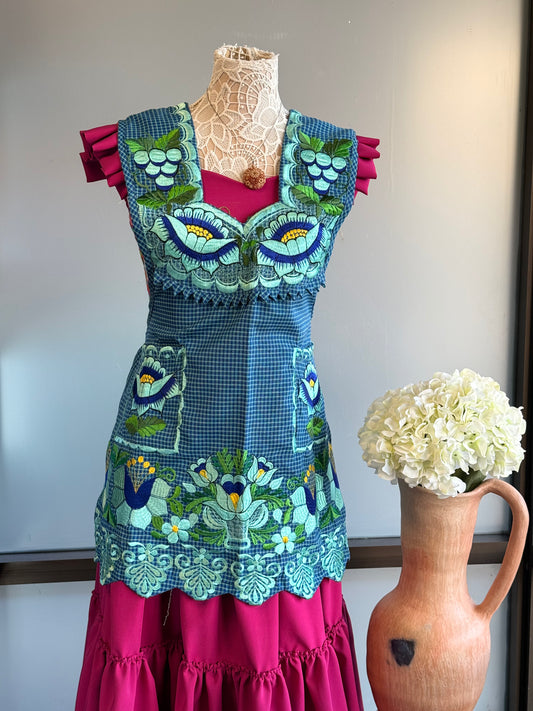 "Lucia" Turquoise Embroidered Apron (38) Large