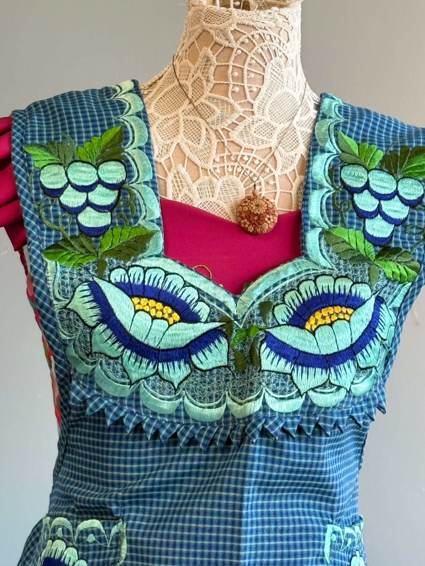 "Lucia" Turquoise Embroidered Apron (38) Large