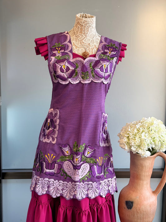 "Valentina" Purple Embroidered Apron (38) Large